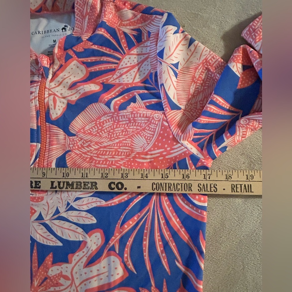 Caribbean Joe 1/4 Zip Swim Shirt Tropical Fish Plants Hawaiian Blue/Coral Sz Med - Picture 4 of 8